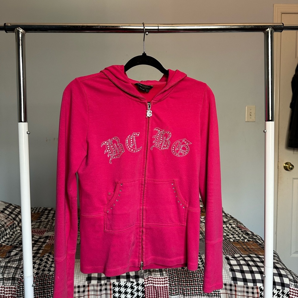 Y2K BCBG Pink Hoodie with Rhinestone Accents